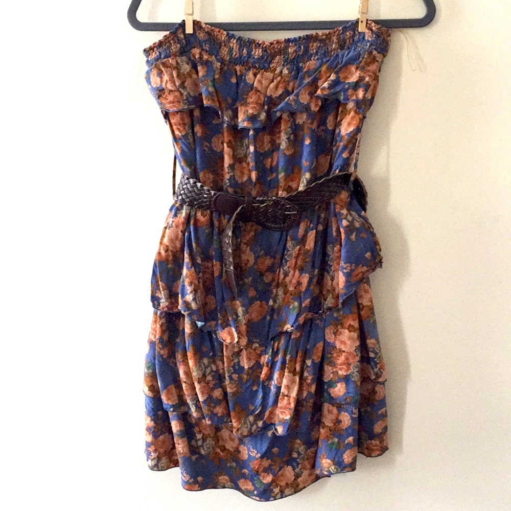 Strapless Layered Floral Dress with Removable Belt